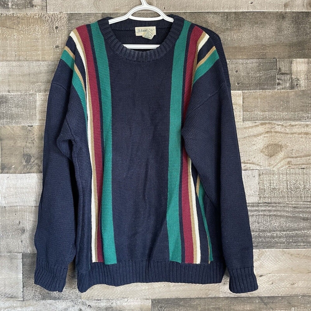 VINTAGE St Johns Bay Sweater Mens L Navy Blue Striped Long‎ Sleeve 90s Teacher